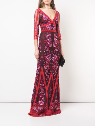 Marchesa Notte Fitted Floral Embroidered Mesh Gown