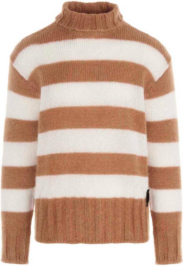 Mens De Niko Beige Turtleneck Sweater with Black Stripes