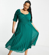 Thumbnail for your product : ASOS Curve ASOS DESIGN Curve ruched front pleated midi dress with shirred waist in chevron dobby in forest green