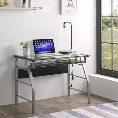 InRoom Designs Modern Computer Desk with Pull-Out Keyboard Tray, Clear Glass Top, and Silver Metal Frame for Home Office and Study Rooms