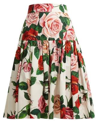Dolce & Gabbana Rose Print Cotton Poplin Midi Skirt - Womens - White Multi