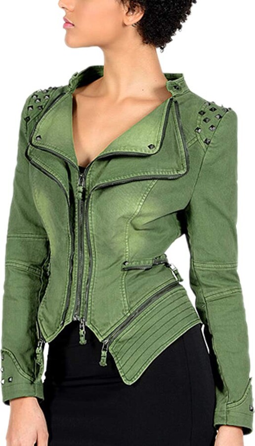 Valin Women Green Zip Up Denim Biker Jacket Studded Jacket ShopStyle