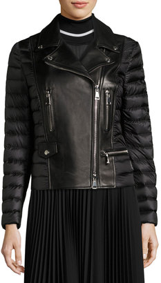 Moncler Souci Mixed-Media Leather Moto Jacket, Black
