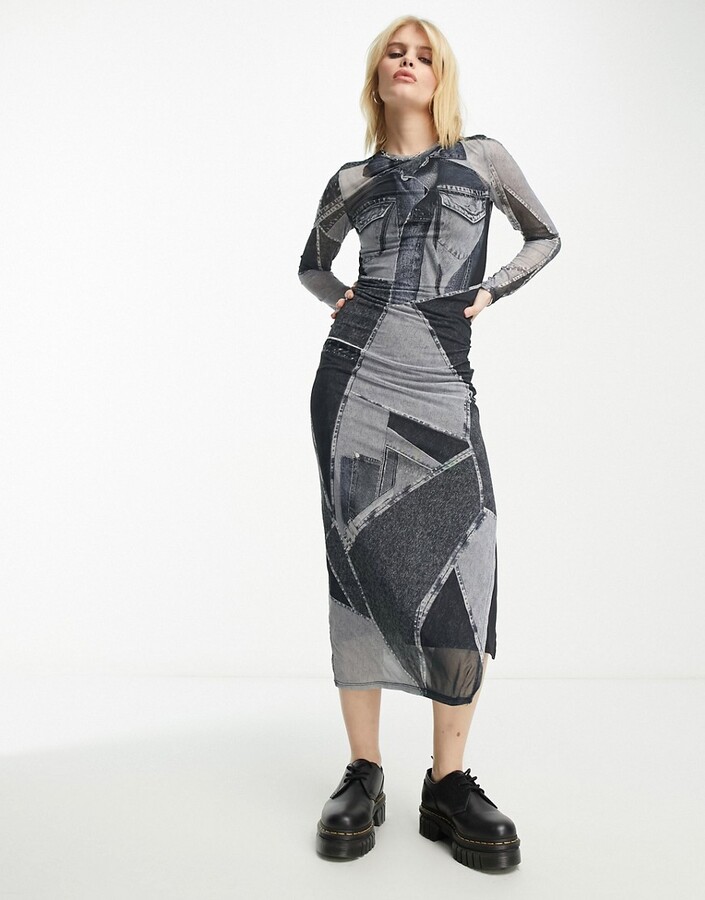 Bershka denim patchwork mesh midaxi dress in dark gray - ShopStyle