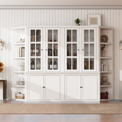 Red Barrel Studio Tall Pantry Cabinets and Two Triangle Sided Bookshelves 105.5'' Wide Retro Style Wall Suit with Glass Doors for Hallways Living room Office Studi