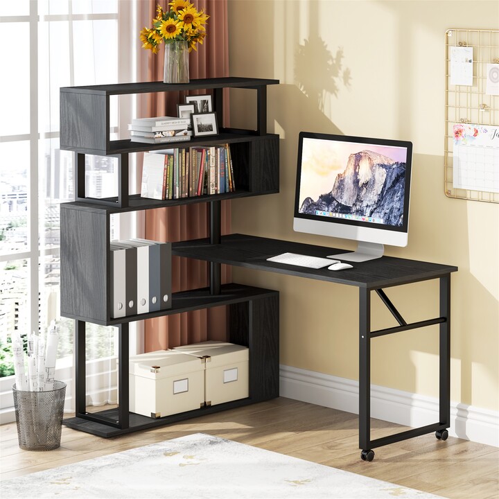 Tribesigns Brown/ Black Rotating LShaped Computer Desk, Corner Home Office Desk with Storage