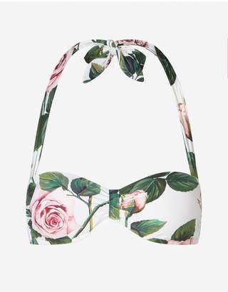 Dolce & Gabbana Padded Bandeau Bikini Top With Tropical Rose Print