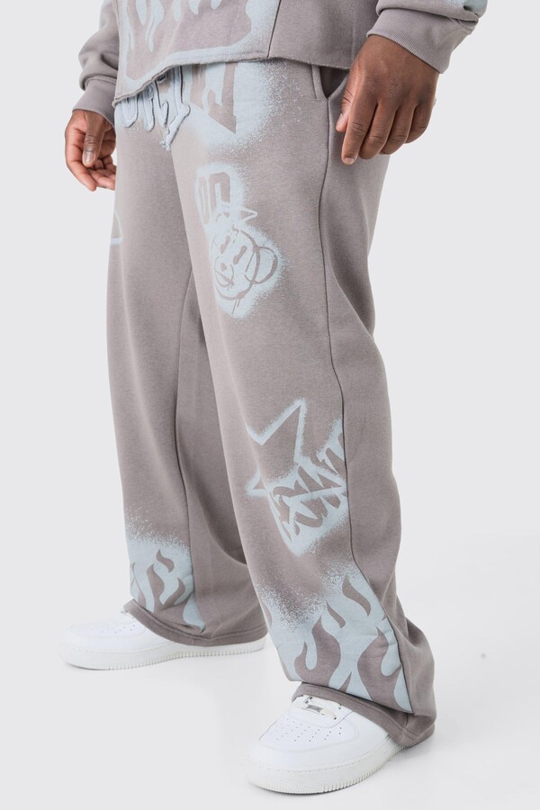 boohoo Mens Grey Plus Relaxed Graffiti Applique Joggers ShopStyle