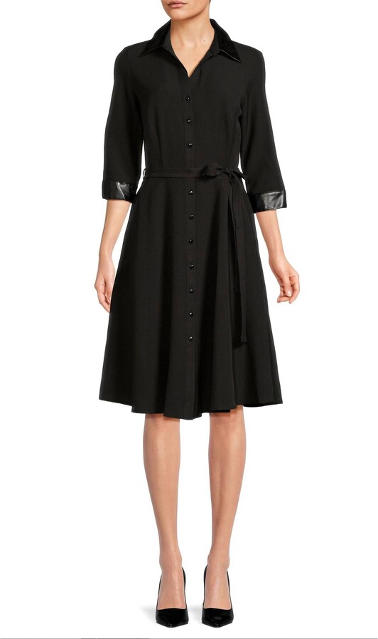 Sharagano Pointed Collar 3/4 Sleeves Belted Stretch Crepe Dress In Black