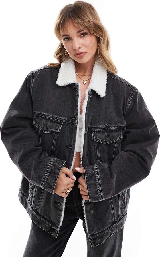 Womens Denim Black Borg Denim Jacket Borg Jacket Trucker Denim