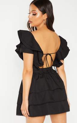 PrettyLittleThing Petite Black Square Neck Tiered Frill Dress