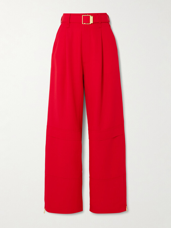AMI Paris Belted Zip-detailed Wool-canvas Wide-leg Pants - Red