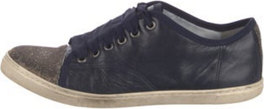 Lanvin Leather Low Top Sneakers Blue & Metallic Round-Toes with Glitter Accents Lace-Up Closure at Uppers Size not listed, estimated from measurements. Unfortunately, due to restrictions, this item may not be eligible for shipping in all areas. | Lanvin Leather Glitter Accents Sneakers in Blue/Metallic, Women's 8