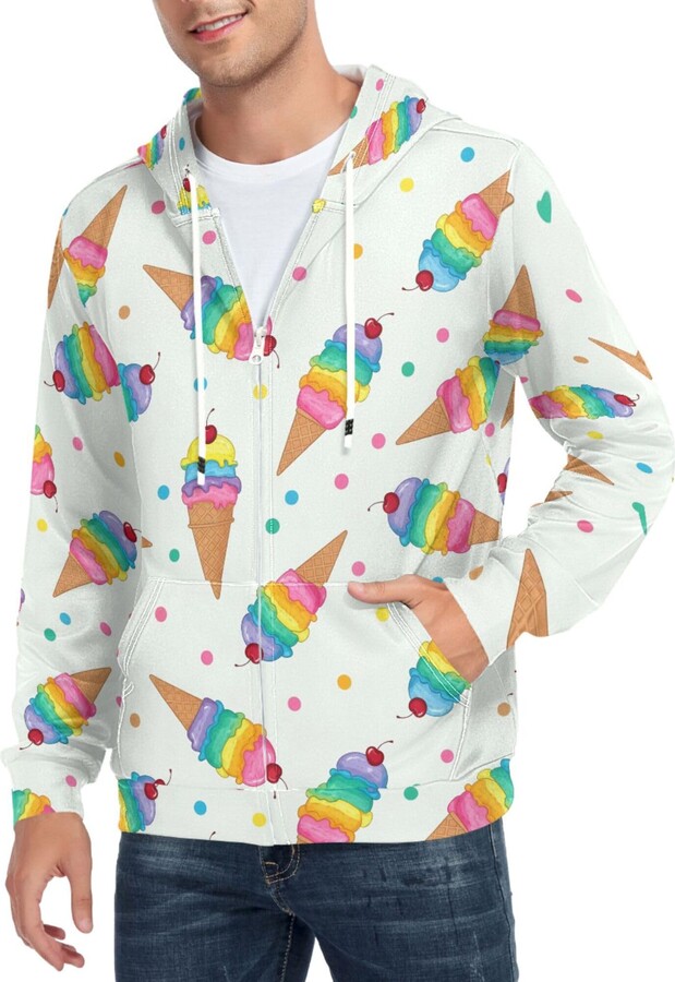 CUPADA Mens Fashion Hoodies Ice Cream Cones Cherries Full Zip Hoodie with Pocket Colorful Casual Sweatshirt Comfortable Fit