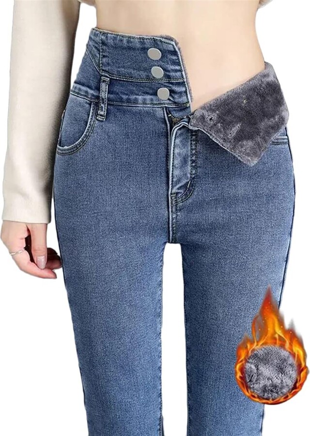 Jieroans Women's Winter Jeans Fleece Lined Warm Denim Jeggings Trousers  High Waist Thermal Jeans Thermal Trousers for Women Teenagers Fleece Lined
