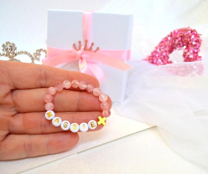 Etsy 18K Gold Holly Cross Pink Jade Baby Bracelet, Personalized Girls Kids Jewelry Gifts, Baptism Communion Rosary Bracelet