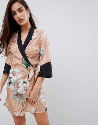 ASOS Design DESIGN kimono wrap mini dress in floral jacquard print