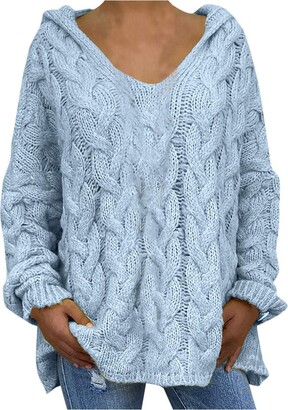BOIYI Womens Cable Knitted Sweater Hooded V-Neck Solid Colour Long Sleeve  Soft Pullover Casual Loose Jumper Tops Plus Size(Light Blue - ShopStyle  Knitwear