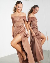 Thumbnail for your product : ASOS DESIGN Bridesmaid satin bardot drape wrap maxi dress in cinnamon rose