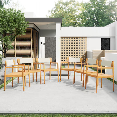 Hokku Designs 4-Piece Patio Furniture SetBraided Acacia Wood Outdoor Dining Table and Chairs Set with ArmrestsTeak Look & White Rope Weave All-Weather Garden Ba