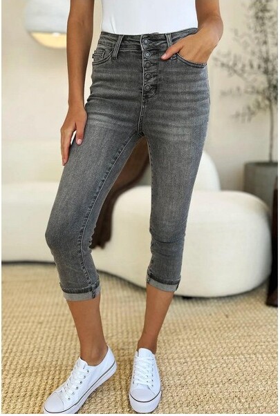 Sol Living JudyBlueFullSizeButtonFlyHighWaistCuffedCapris