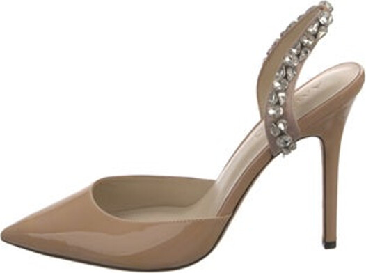 Aminah Abdul Jillil Patent Leather Slingback Pumps Neutrals Pointed-Toes with Crystal Embellishments