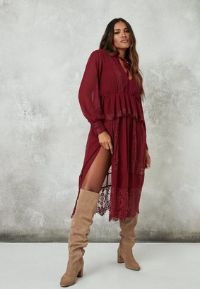 Missguided Burgundy Lace Insert Midaxi Smock Dress