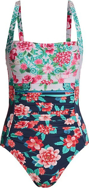 Johnny Was Japer Ruched One Piece Swimsuit Floral Print Swimsuit