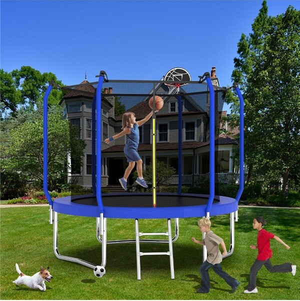 Whisen8FTKids’TrampolinewithSafetyEnclosureNet,FoamPaddedPoles,W-ShapedLegs,LadderandBasketballHoop-Blue