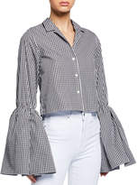 Thumbnail for your product : ANAÏS JOURDEN Cropped Bell-Sleeve Gingham Button-Up Top