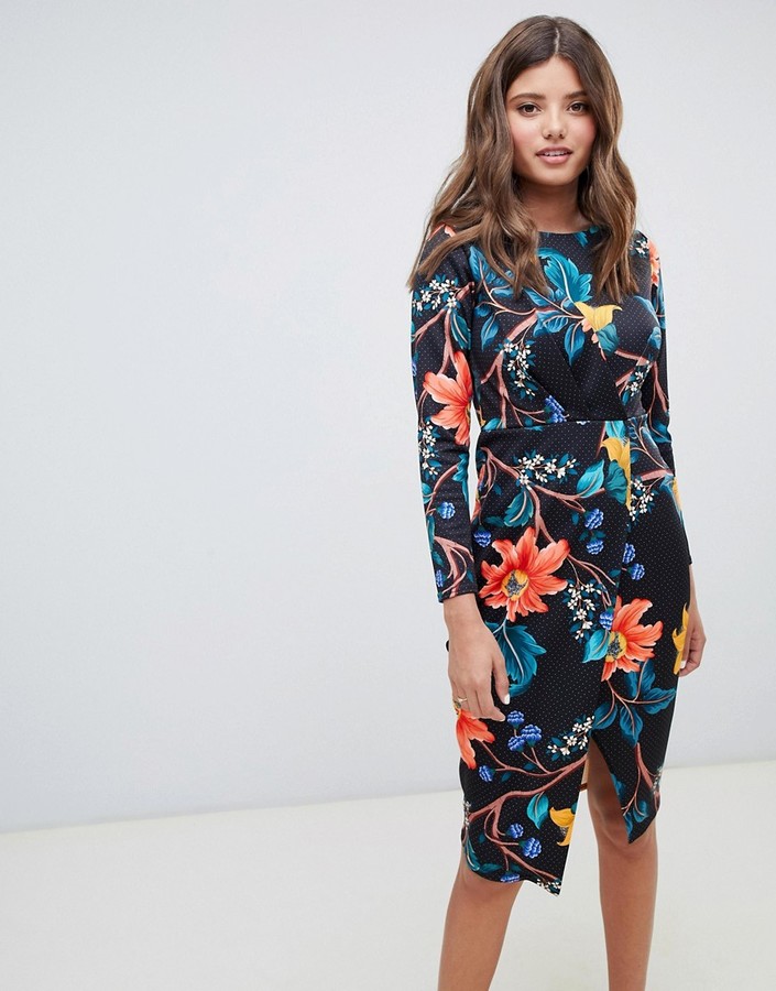 closet london 2 in 1 wrap front pencil dress in floral print