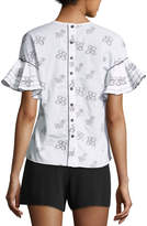 Thumbnail for your product : Derek Lam 10 Crosby Ruffle-Sleeve Button-Back Printed Top