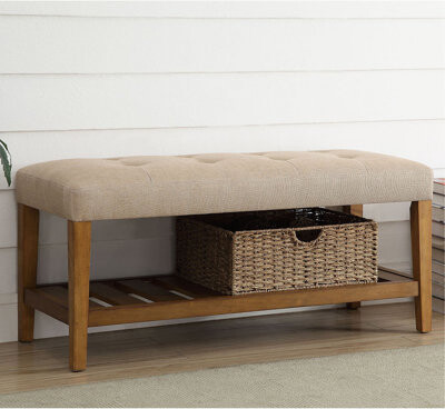 Grey And Oak Tufted Padded Seat Bench