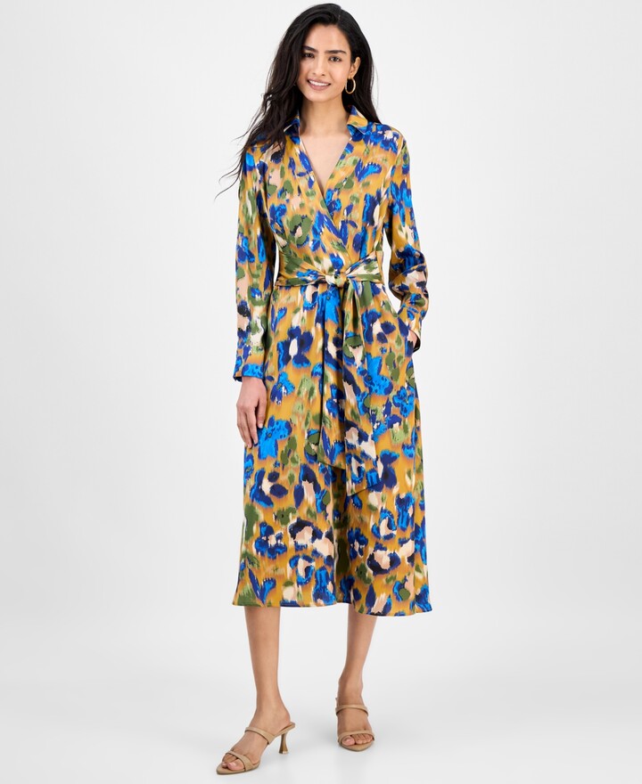 tahari asl tie neck midi dress
