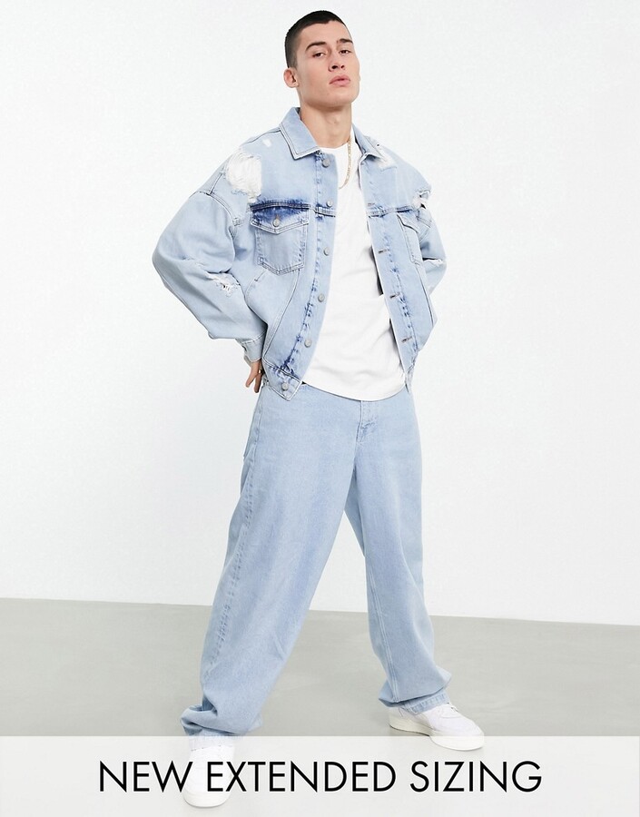ASOS DESIGN oversized denim jacket in 90s light wash blue with rips -  ShopStyle