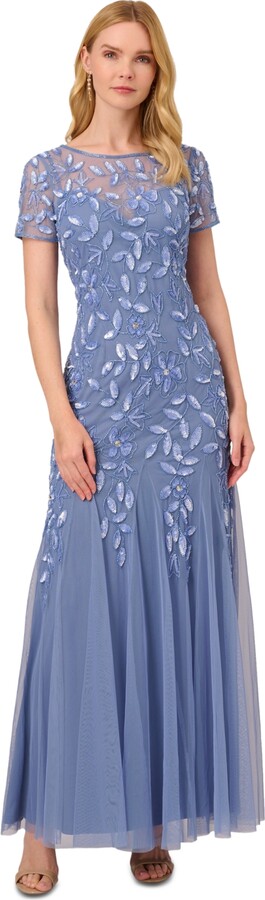 Adrianna Papell Size Floral-Beaded Gown