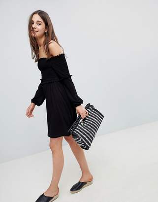 ASOS Design Off Shoulder Sundress with Shirring and Balloon Sleeves