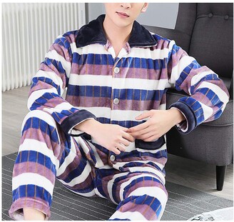 Femaroly Men's Flannel Long Sleeve Sleep Top and Bottom Pajama Set Loungewear Nightwear Blue Purple XL