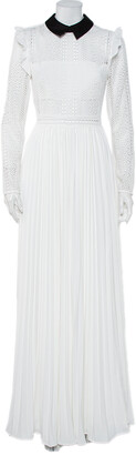 Self-Portrait White Lace & Pleated Chiffon Paneled Contrast Trim Maxi Dress S