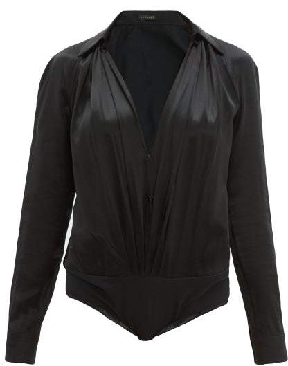 Versace V-neck Silk-satin Bodysuit - Womens - Black - ShopStyle Tops