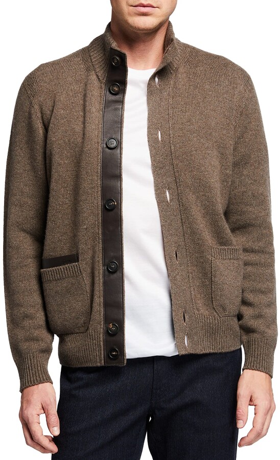 Mens cardigan sweater with leather elbow patches Clearance