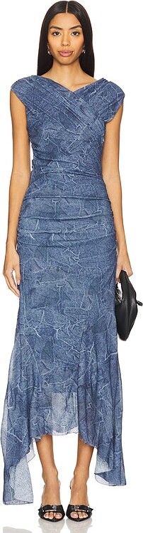 Ganni Marl Mesh Long Ruched Crossover Dress