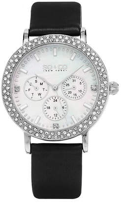 SO & CO NY Womens Madison Leather Casual Mother Of Pearl & Crystal Day And Date Quartz Watch J159P60