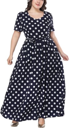 Yxlxmei Retro Women's Plus Size Polka Dots Floral Crew Neck Short Sleeve  Party Dresses Elegant Tie Waist Ruched Flowy Prom Long Dress (Color : Dark  blue Size : XXL) - ShopStyle