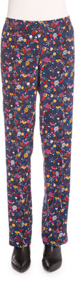 Kenzo Small Tanami Flower Silk Straight-Leg Pants, Peacock