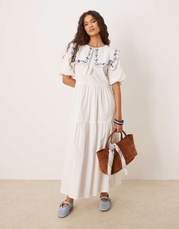 Neon Rose puff sleeves midi dress with embroidered details in white