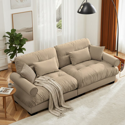 Olive Green Velvet Modern 2-Seater Sofa with Bolstered Armrests, Waist Pillows & Throw Pillows - Compact Large-Size Loveseat for Living Room, Loft, Ho