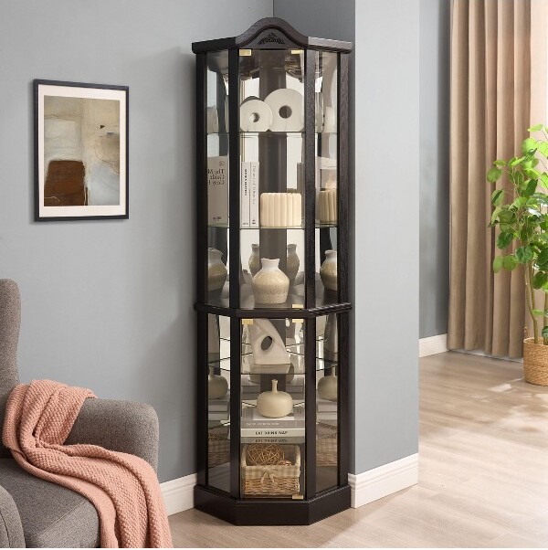 GulchesCornerCurioCabinetwithAdjustableGlassShelvesCarvedCherryDecorationAntiqueGlassDisplayCabinetforHomeOfficeBlack