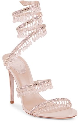 Rene Caovilla Cleo Chandelier Ankle-Wrap Crystal-Embellished Satin Sandals