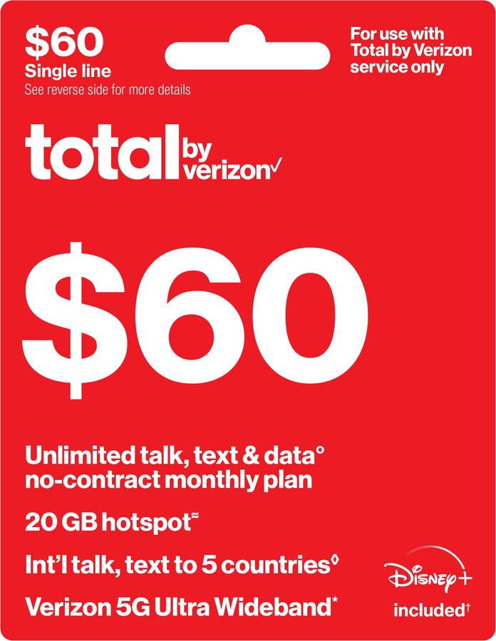Total by Verizon $60 No-Contract Single-Device Unlimited Talk, Text & Data Plan + 20GB Hotspot Data + Int'l Calling & Disney+ Direct Top Up